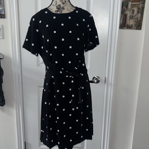 Ann Taylor Size 6 Women's Short Sleeve Polka Dot Black Shift Dress Tie Waist - Picture 3 of 8